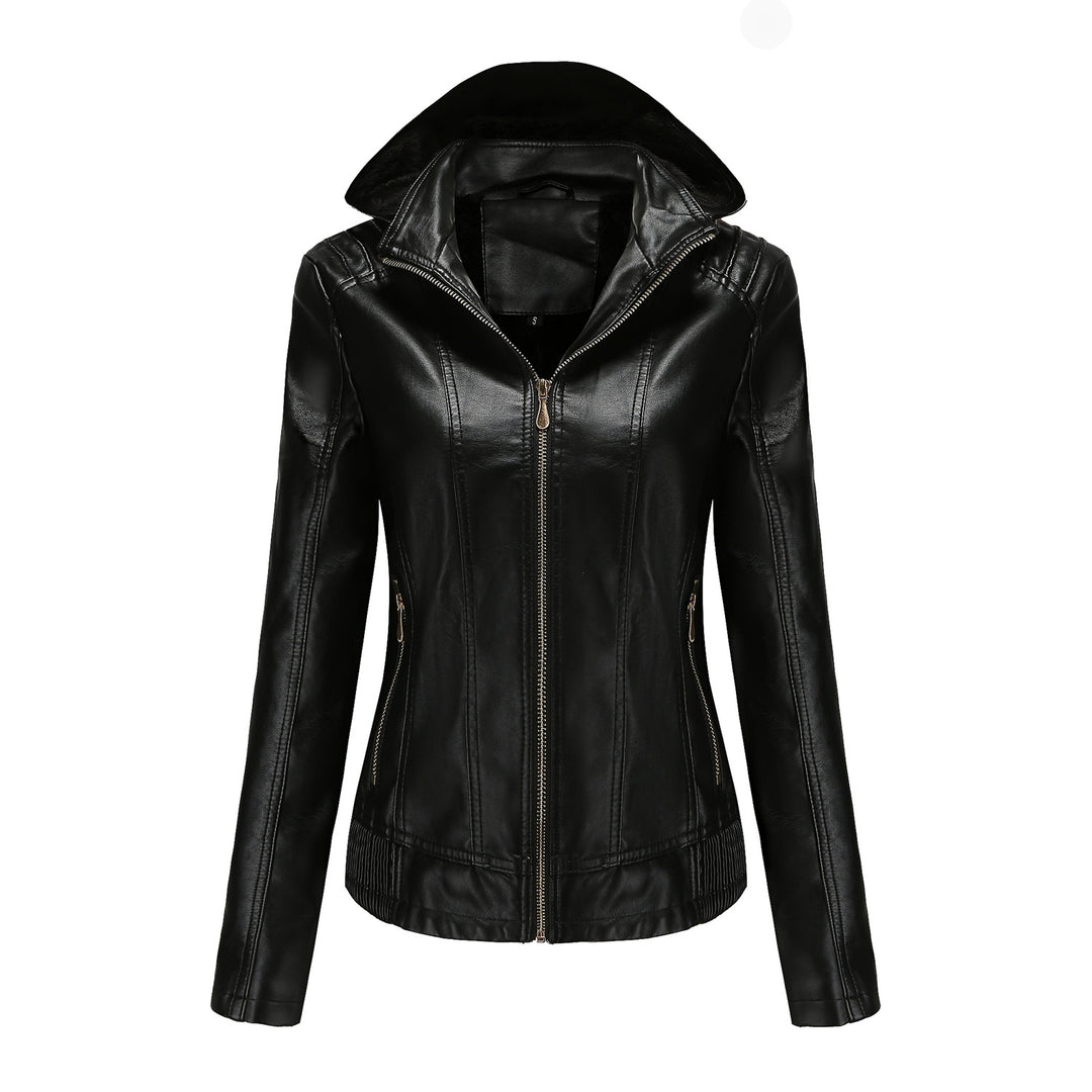 Women's tailored faux leather jacket with hood, padded inner lining and concealed zip pockets Mune Fashion