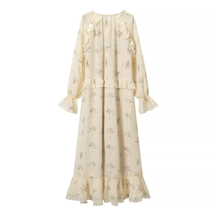 Women's maxi dress with ruffles, long bell sleeves, and floral chiffon design Mune Fashion