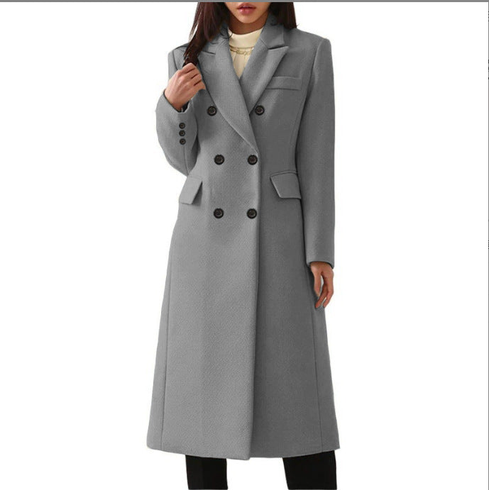Women's longer double-breasted wool blend coat with lapel collar and patch pockets Mune Fashion