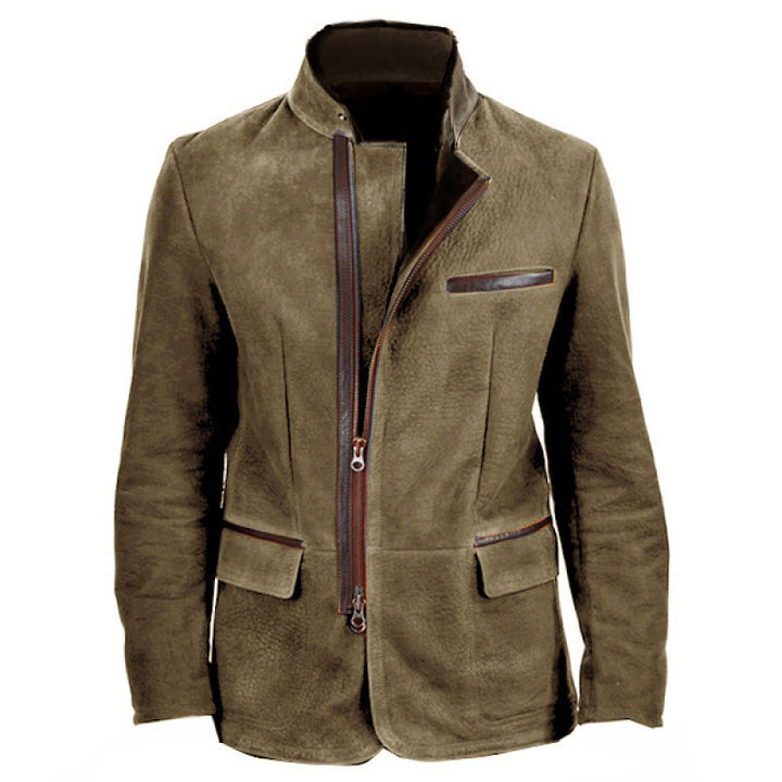 Men's suede field jacket in pilot style with stand-up collar, asymmetrical double-opening zipper and contrasting leather trims Mune Fashion