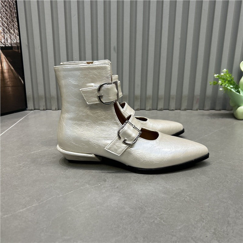 Women’s pointed toe ankle boots with double straps, buckles and low block heel Mune Fashion