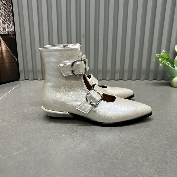 Women’s pointed toe ankle boots with double straps, buckles and low block heel Mune Fashion