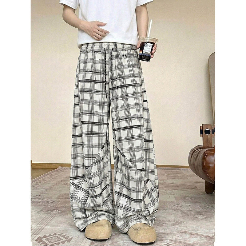Men's wide checkered lounge pants with elastic waistband and drawstring