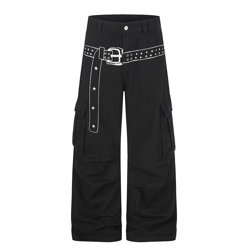 Women's cargo palazzo pants made of cotton blend with wide legs, patch flap pockets and belt print Mune Fashion