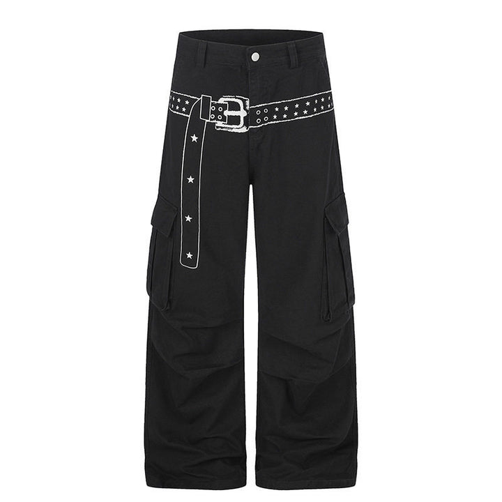 Women's cargo palazzo pants made of cotton blend with wide legs, patch flap pockets and belt print Mune Fashion