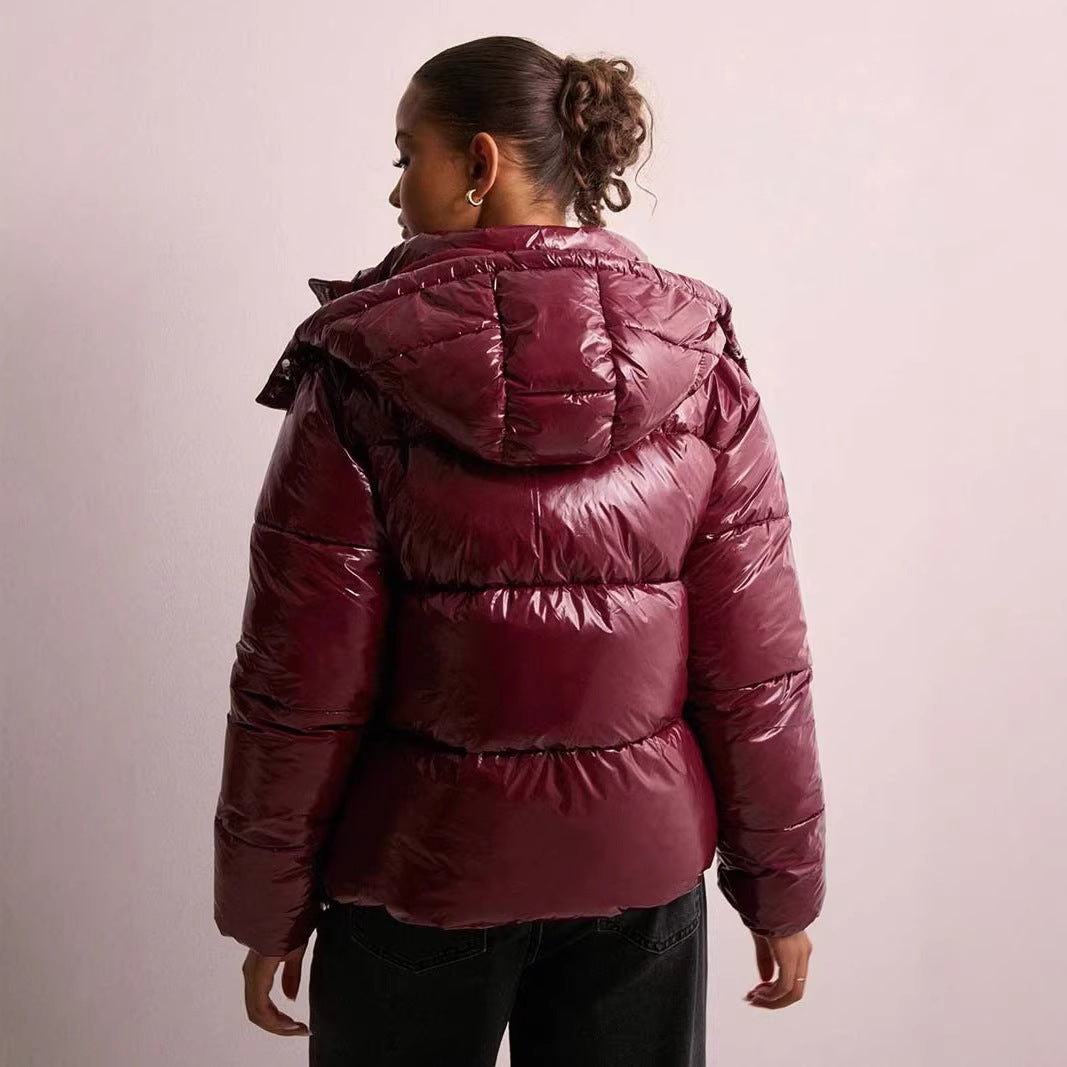 Women's quilted puffer jacket with hood, high stand-up collar, and two-way zipper Mune Fashion