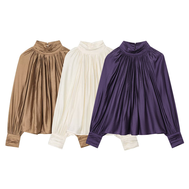 Women’s pleated high neck blouse made of silk-like satin with balloon sleeves and gathered cuffs Mune Fashion