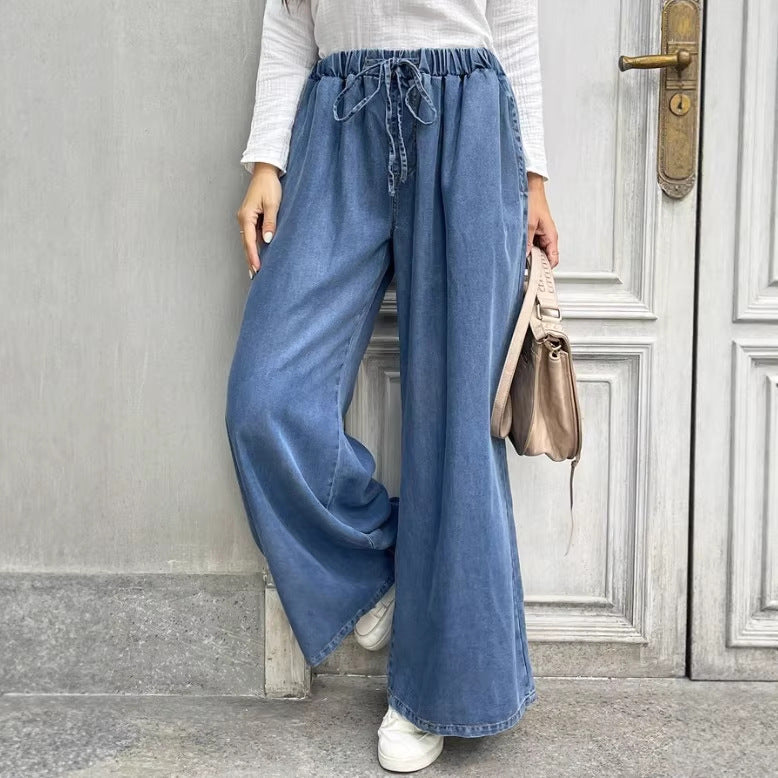 Women's Relaxed Palazzo Jeans with Drawstring Waist, Side Pockets and Extra Wide Leg Mune Fashion