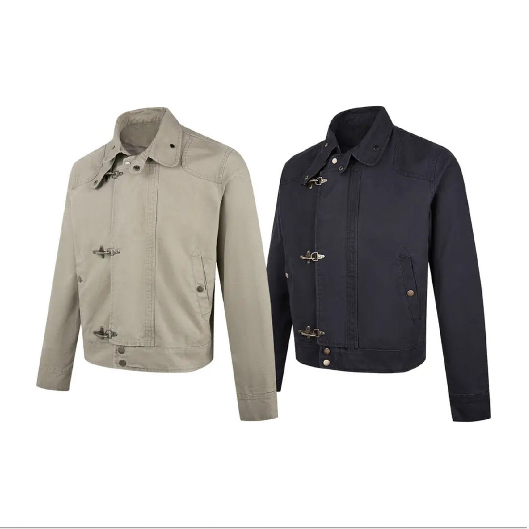 Men's Fashionable Short Jacket with Innovative Buckles and Practical High-Collar Mune