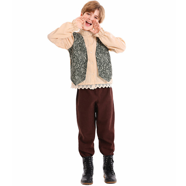 Unisex nan children's costume set with embroidered paisley vest and ruffled blouse Mune Fashion