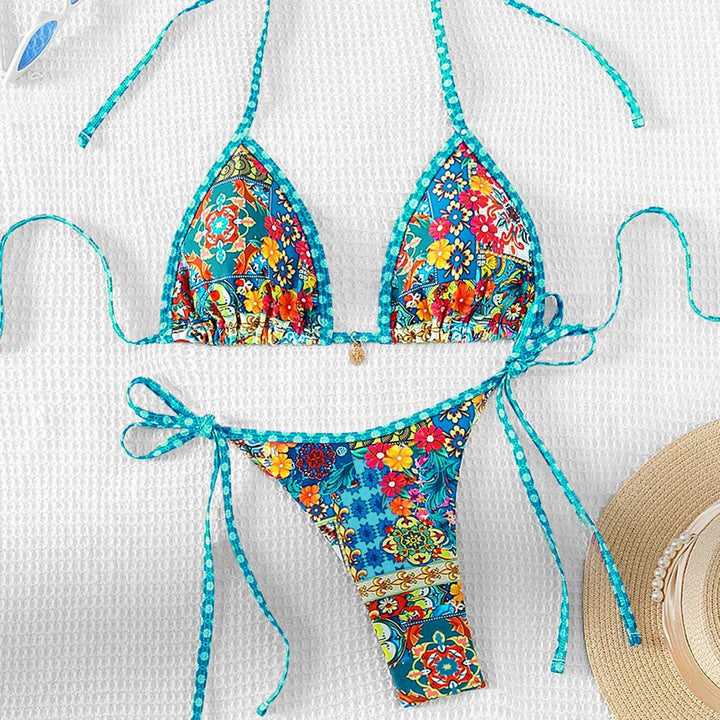 Women's Triangle Bikini with colorful floral pattern and adjustable straps Mune Fashion