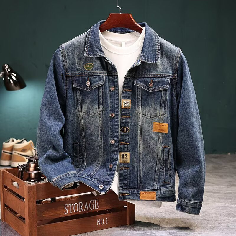 Men's Vintage Washed Denim Jacket with Brand Patches, Chest Flaps, and Straight Cut Mune Fashion