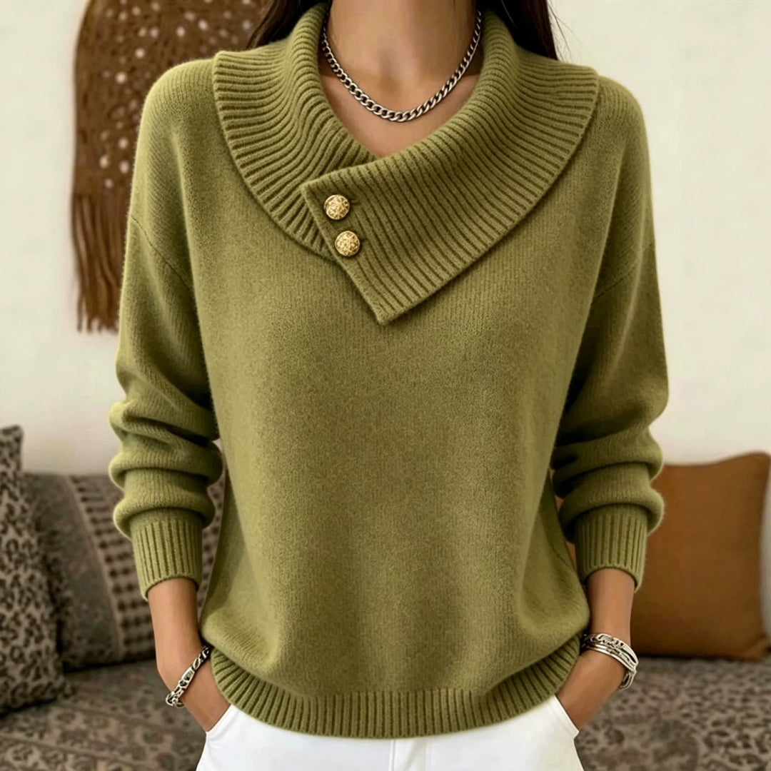 Women's fine knit pullover with overlapping shawl collar and decorative buttons Mune Fashion