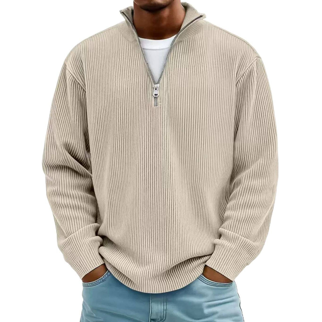 Men's Ribbed Half-Zip Knit Sweater with Stand Collar and Relaxed Fit Mune Fashion