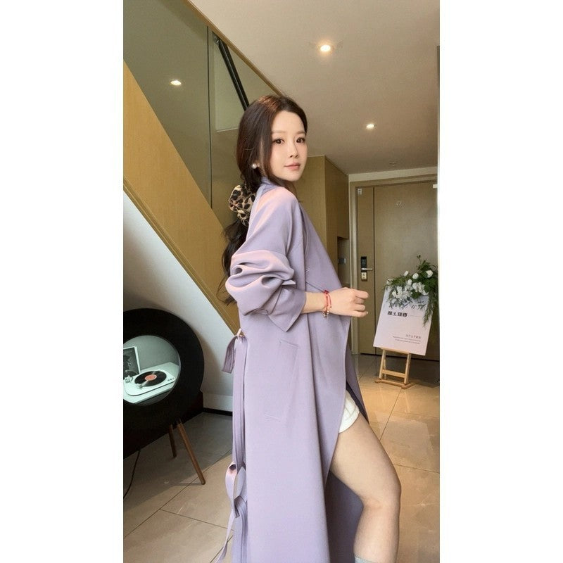Women’s Maxi Trench Coat with Waterfall Collar and Gathered Sleeves Mune Fashion