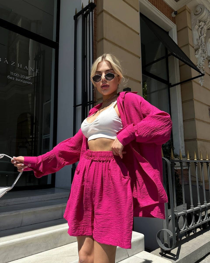 Women's two-piece textured loungewear set with oversized shirt and elastic waist shorts Mune Fashion