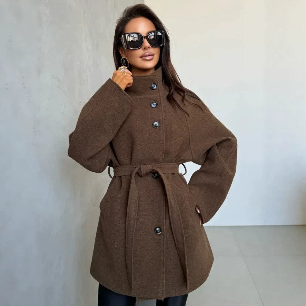 Women's short coat in cocoon cut made of wool blend with oversized shawl collar and tie belt Mune Fashion