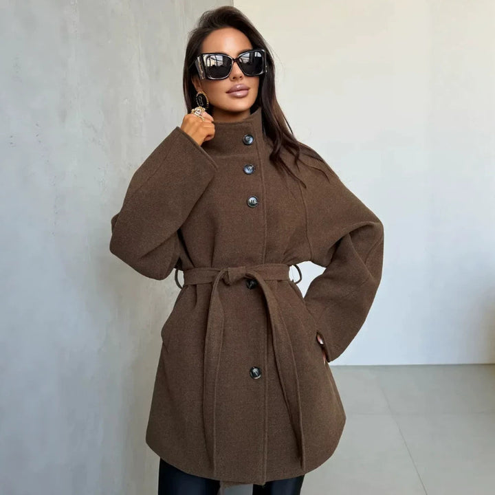 Women's short coat in cocoon cut made of wool blend with oversized shawl collar and tie belt Mune Fashion
