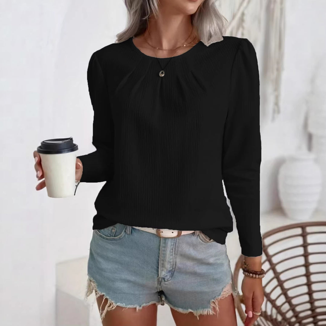 Women's lightweight structured blouse with gathered round neckline and long sleeves Mune Fashion