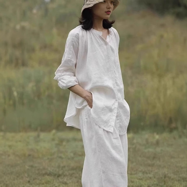 Women's Loose Oversized Linen Shirt with Stand Collar, Gathered Shoulder Yoke and Wide Balloon Sleeves Mune Fashion