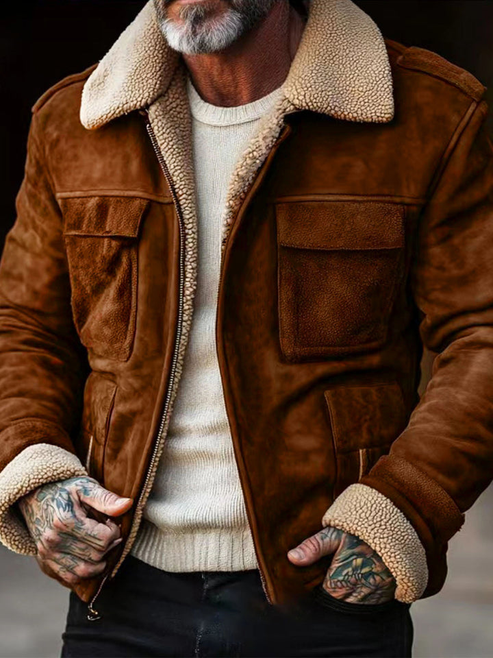 Men's nan aviator leather jacket with faux shearling lining, patch chest pockets and zip Mune Fashion