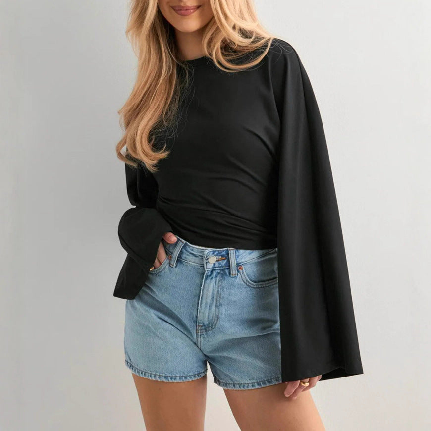 Ladies cropped fitted top with extra wide batwing sleeves Mune Fashion