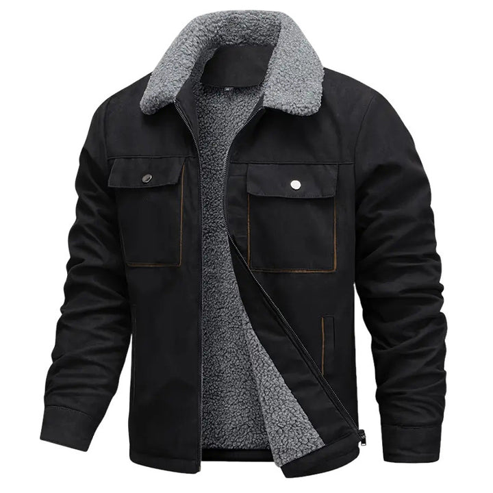 Men's sherpa-lined worker jacket in suede look with flap chest pockets and zip.