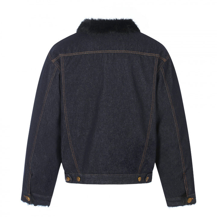 Men's short-cut denim jacket with faux fur collar and teddy lining look Mune Fashion
