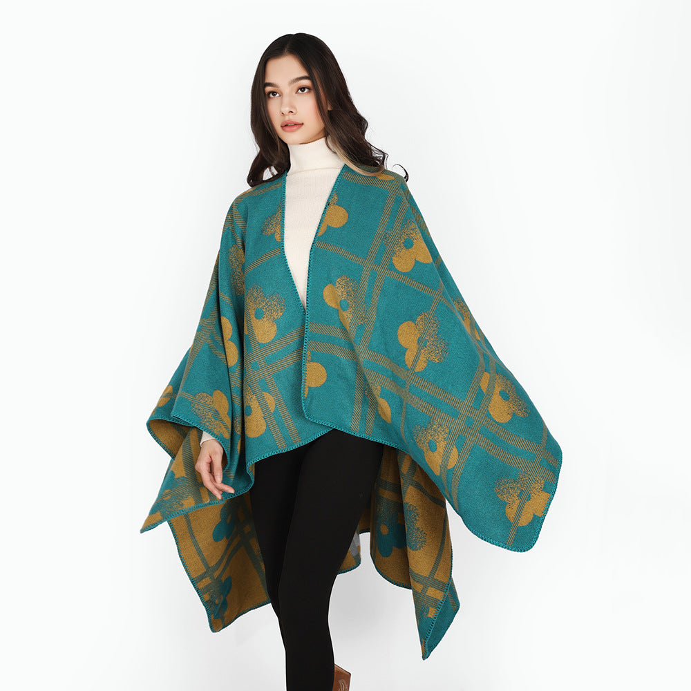 Women Coarse Woven Blanket Poncho in Ruana Cut with Floral Check Jacquard Mune Fashion