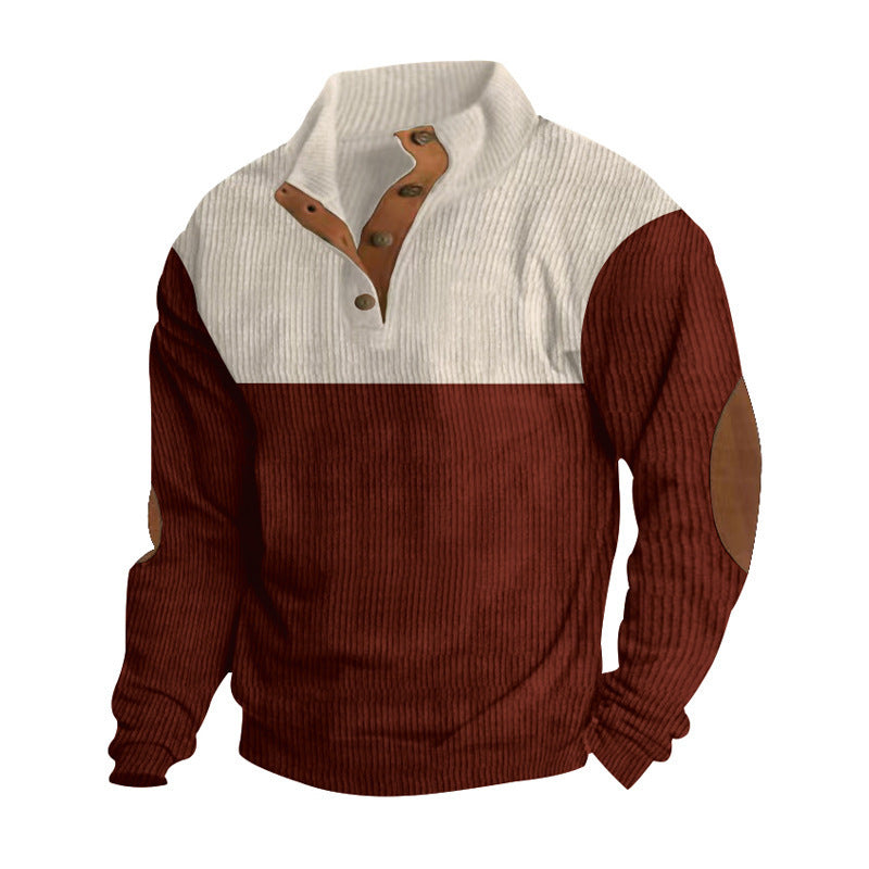 Men's ribbed knit pullover with stand-up collar, button placket and distinctive elbow patches Mune Fashion