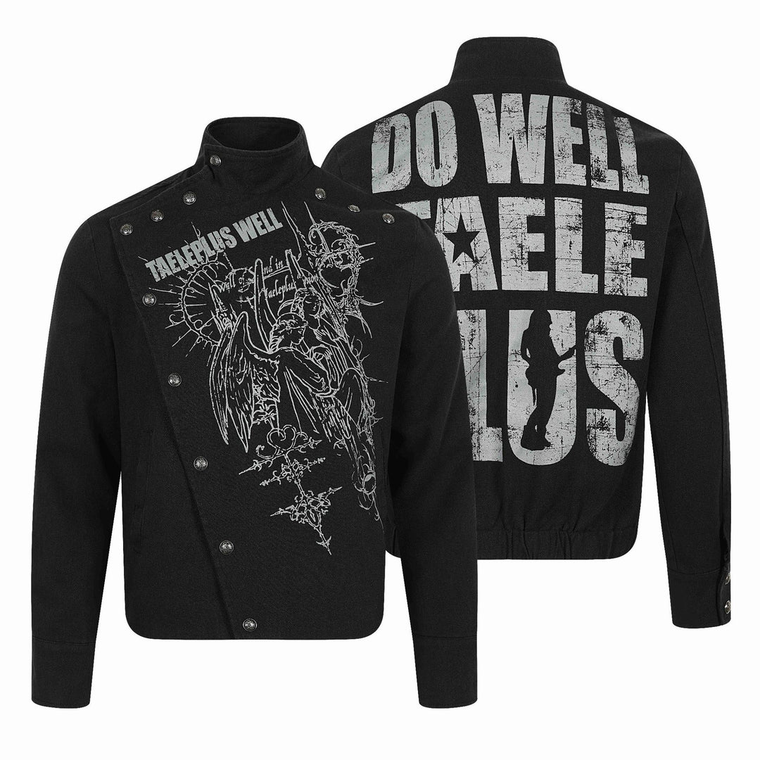 Men's Asymmetrical Blouson Jacket with Stand Collar, Metal Button Trim and Graphic Print Mune Fashion
