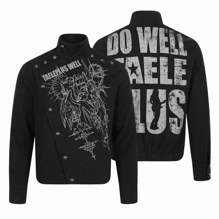 Men's Asymmetrical Blouson Jacket with Stand Collar, Metal Button Trim and Graphic Print Mune Fashion