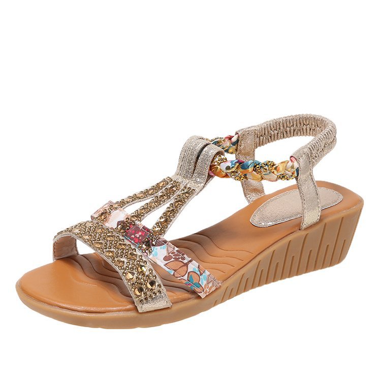 Ladies' elegant wedge sandals with padded comfort insole and jeweled chain trim Mune Fashion