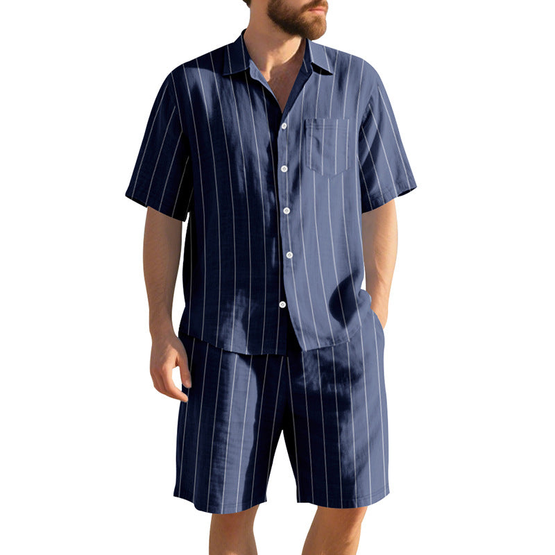 Men's Short Sleeve Pajama Set with Subtle Striped Pattern and Practical Chest Pocket Mune Fashion