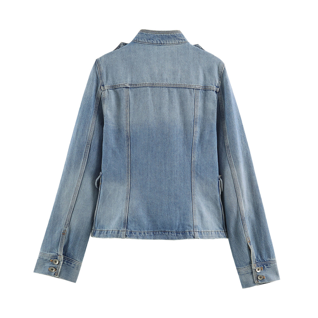 Women's lightweight denim jacket with stand-up collar, shoulder flaps, and four flap pockets Mune Fashion