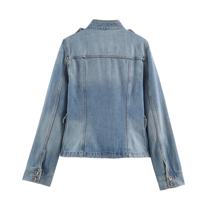 Women's lightweight denim jacket with stand-up collar, shoulder flaps, and four flap pockets Mune Fashion