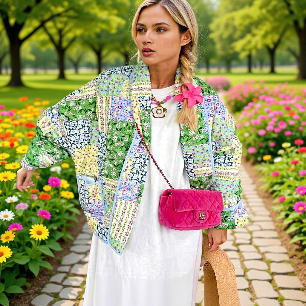 Women's Short Cropped Quilted Patchwork Jacket with Patch Pockets Mune Fashion