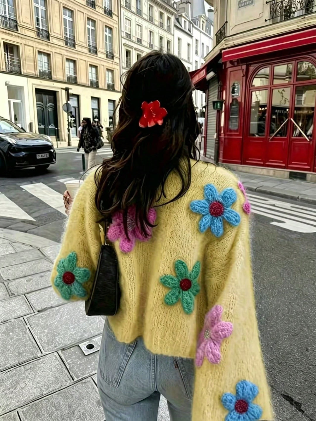 Women's Oversize Knit Cardigan with 3D Flower Appliqués Mune Fashion