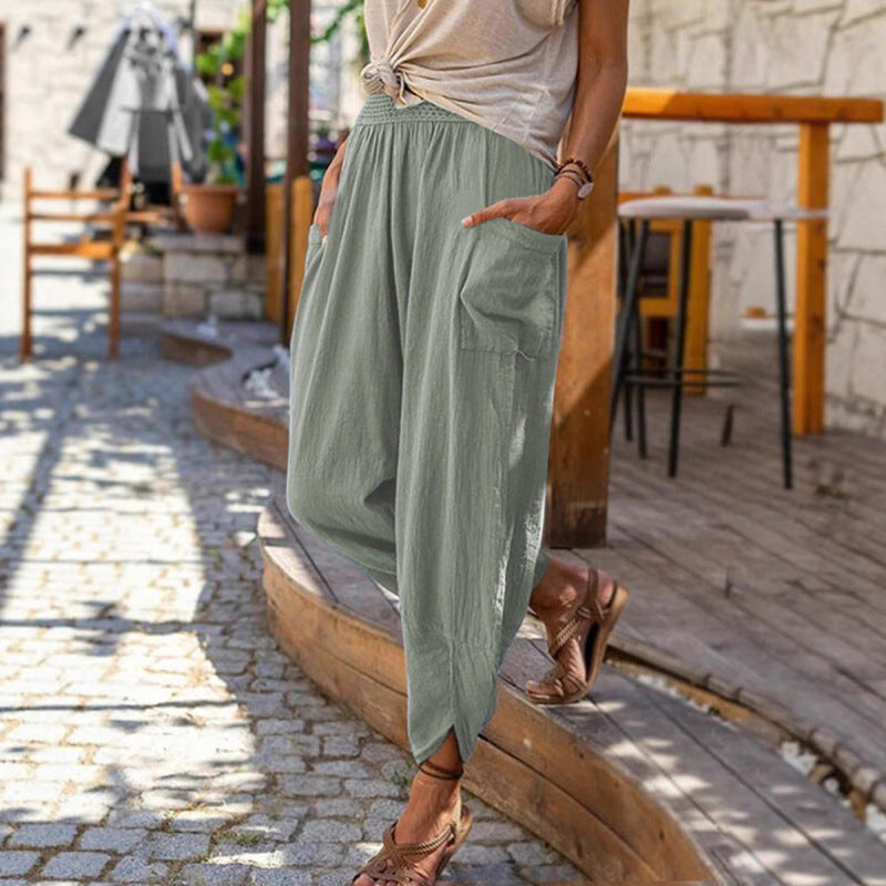 Women’s casual harem pants with elastic smock waistband, patch pockets, and gathered ankle cuffs Mune Fashion