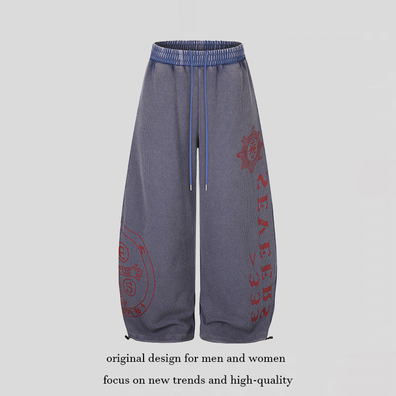 Women's Wide Mid-Calf Palazzo Sweatpants with Adjustable Hem, Drawstring Waistband, and Statement Print