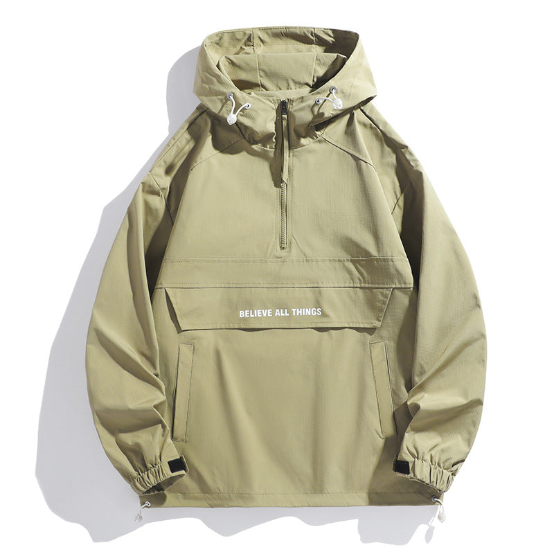 Men's hooded anorak with half zipper, kangaroo pocket and adjustable hem Mune Fashion
