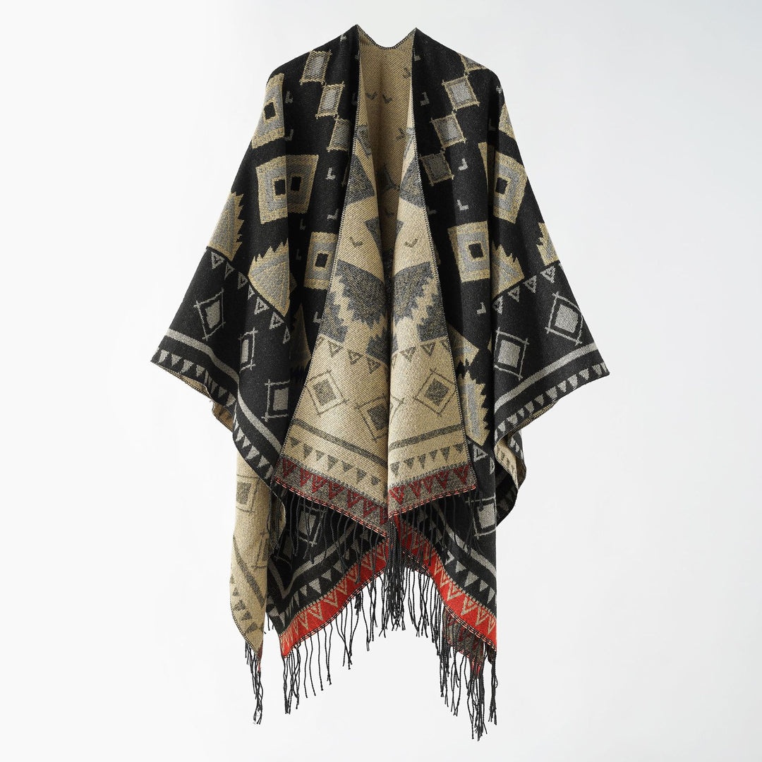 Women's jacquard wrap ruana in ethnic design with fringes and open fall Mune Fashion