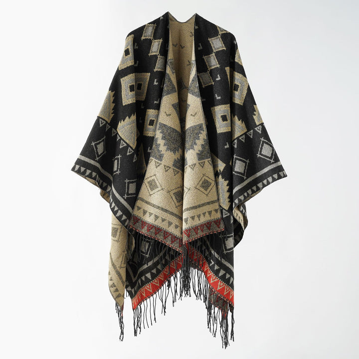 Women's jacquard wrap ruana in ethnic design with fringes and open fall Mune Fashion