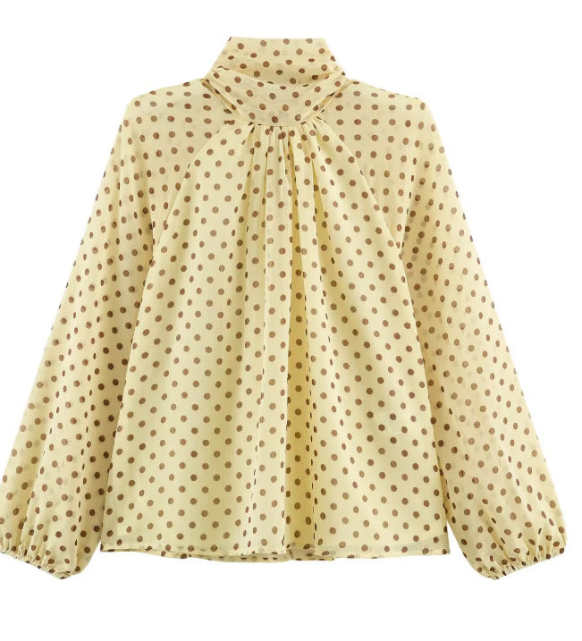 Ladies 100+ Chiffon blouse with bow collar, puff sleeves and polka dot print Mune Fashion