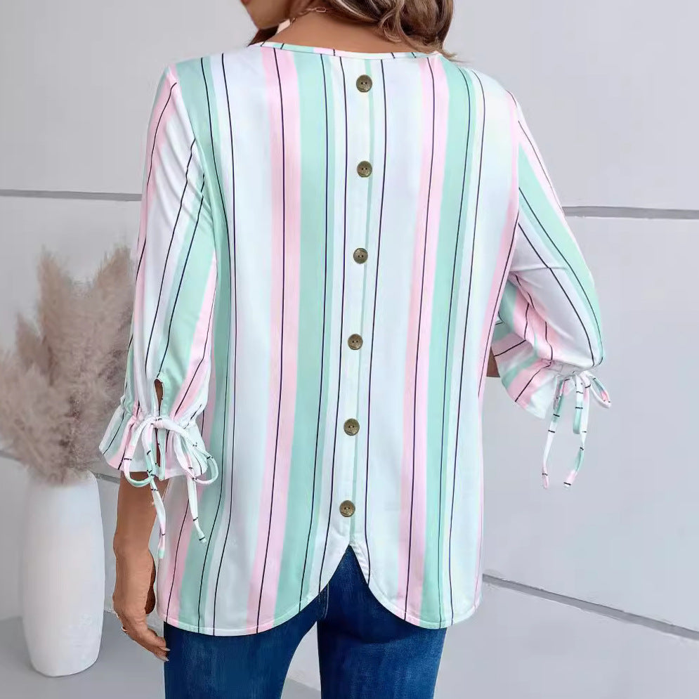 Women's lightweight striped blouse with round neckline and three-quarter sleeves with bow ties Mune Fashion