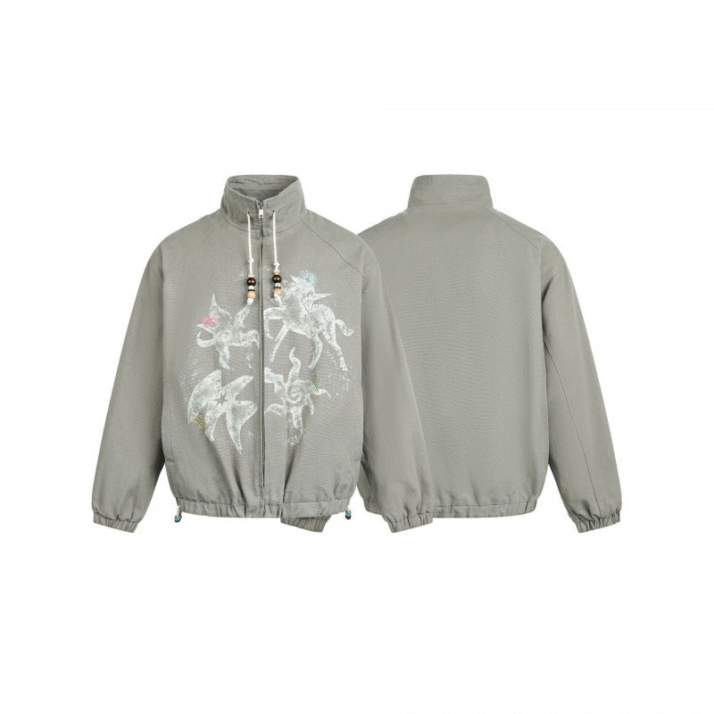 Women's lightweight bomber jacket made of cotton blend with stand-up collar, pearl cord, and mystical print Mune Fashion