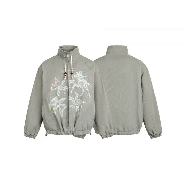 Women's lightweight bomber jacket made of cotton blend with stand-up collar, pearl cord, and mystical print Mune Fashion
