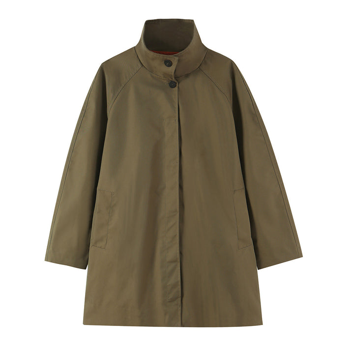Women's Midi Length A-Line Transitional Coat with Stand-up Collar and Concealed Button Placket Mune Fashion