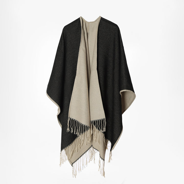 Women Two-Layer Oversized Cape with Fringes and Open Waterfall Cut Mune Fashion