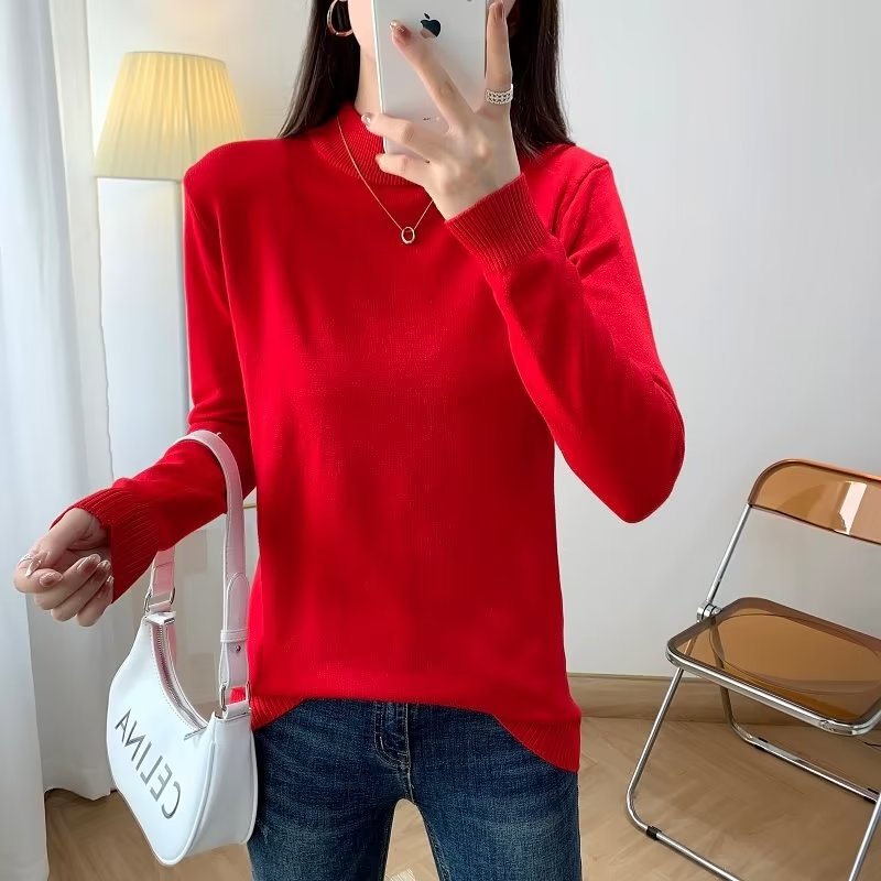 Ladies Fine Long Sleeve Fine Knit Sweater with Narrow Stand-Up Collar and Ribbed Cuffs Mune Fashion